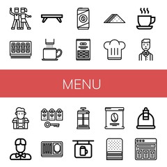 Set of menu icons such as Salsa, Sushi roll, Breakfast tray, Coffee cup, Cold coffee, Pasta, Sandwich, Chef hat, Cup, Waiter, Barista, Account, Meal, French press, Bar , menu
