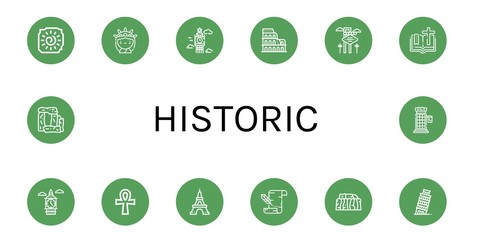 Set of historic icons such as Cave painting, Statue of liberty, Big ben, Coliseum, Las vegas, Bible, Ankh, Eiffel tower, Parchment, Stonehenge, Leaning tower of pisa , historic
