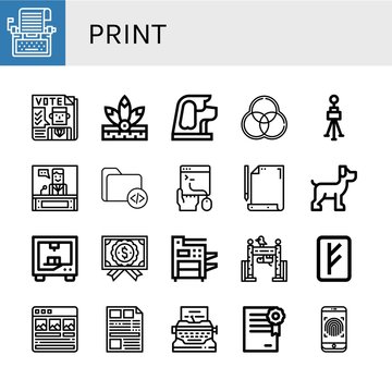 Set of print icons such as Typewriter, Newspaper, Native american, Dog, Rgb, Tripod, News, Coding, Paper, d printing, Certificate, Photocopier, Zoo, Rune, Article, Fingerprint , print