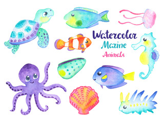 Fototapeta premium Cute marine animals on white background. Sea animal character watercolor illustration. Seahorse, octopus, sea turtle isolated