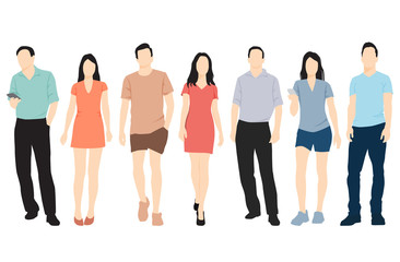 Obraz premium Set of silhouettes of men and women standing and walking in different poses, cartoon character, group business people, vector illustration, flat designe icon, isolated on white background