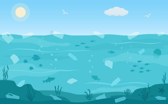 Ocean pollution, plastic bottles and trash  in water. Ecology problems concept. Panoramic seascape. Flat style, vector illustration. 