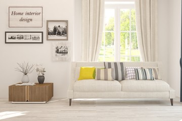 Stylish room in white color with sofa. Scandinavian interior design. 3D illustration