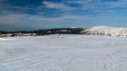 winter Jeseniky mountains scenery from Bridlicna hora hill in Czech republic
