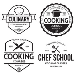 Set of vintage retro handmade badges, labels and logo elements, retro symbols for cooking school, culinary courses, food or home cooking.