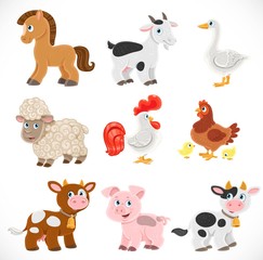 Fototapeta premium Cute cartoon farm animals set isolated on a white background. Cows, hen,sheep, rooster, chickens, pig, goose, goat