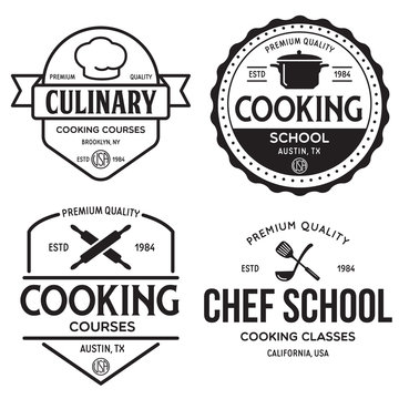 Set of vintage retro handmade badges, labels and logo elements, retro symbols for cooking school, culinary courses, food or home cooking.