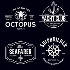 Set of sea and nautical typography badges and design elements. Templates for company logo. Marine cruise, yacht club, trading companym, shipbuilding and other themes.