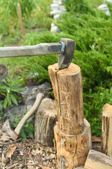 Fototapeta premium The process of cutting wood with a cleaver. Axe in the log