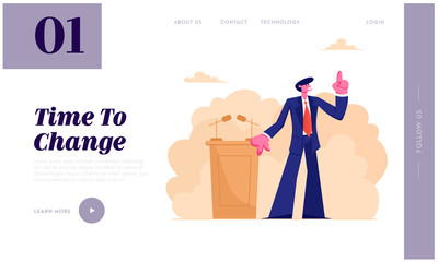 Man in Suit Standing Side of Tribune with Microphones Speaking with Index Finger Pointing Up