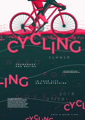 Vector typographic cycling poster template, with bycicle, grunge textures, and place for your texts.