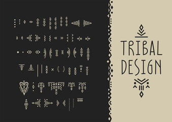 Vector set of line art symbols for logo design and lettering in boho style