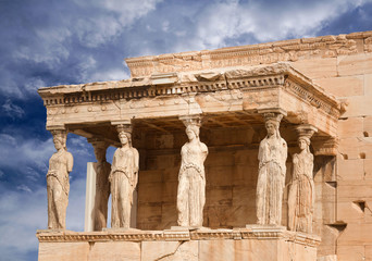 Porch of the Caryatids at famous ancient Erechtheion Greek temple on the north side of the Acropolis of Athens in Greece