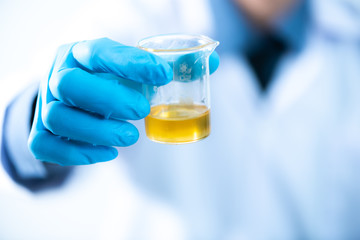 The scientist test the natural product extract, oil and biofuel solution, in the chemistry laboratory.