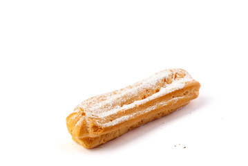 Eclairs isolated on white background. Delicious french dessert. Sweet dessert.