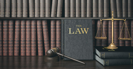 Low key filter law bookshelf with wooden judge's gavel and golden scale , 3D Rendering © G3D Studio