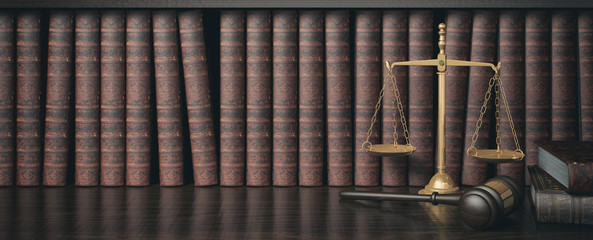 Low key filter law bookshelf with wooden judge's gavel and golden scale , 3D Rendering © G3D Studio