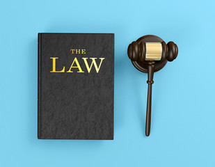 Wooden judge's gavel and law book on blue background, 3D Rendering