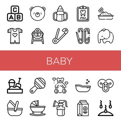 Set of baby icons such as Abc block, Baby clothes, Bear, Feeding chair, Sippy cup, Safety pin, Dental record, Sandbox, Elephant, Moses basket, Rattle, Cradle, Teddy, Breast pump , baby