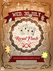 Casino poker tournament invitation design with playing CARDS and CHIPS on luxury grunge background. Design template with sample text for promoting your events