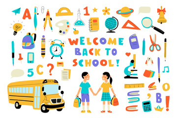 Welcome back to school, cute doodle colorful set with lettering. Hand drawn vector illustration, isolated on white.