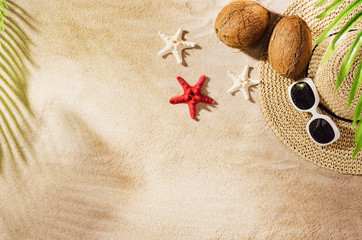 Sandy beach background top view with visible sand texture. Backdrop for mockups and advertising. © wstockstudio