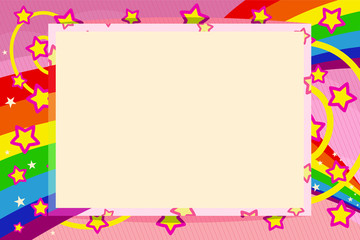 Pink vector photo frame on a pink background with stars, mogc spirals and rainbows. Nice and pretty. Suitable for children and adults.