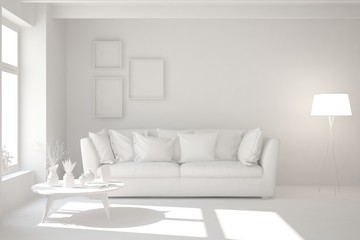 Mock up of stylish room in white color with sofa. Scandinavian interior design. 3D illustration