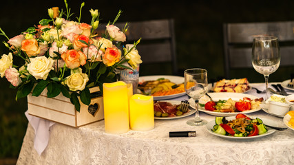 flowers and food are on the table, holiday