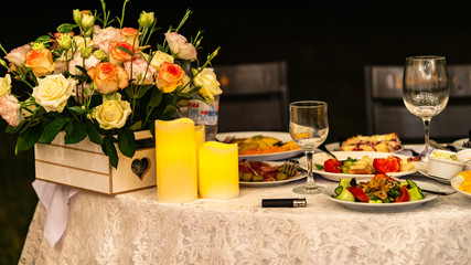 flowers and food are on the table, holiday