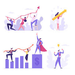 Business Team Concept. Businesspeople Hold Financial Arrow Graph. Data Analysis, Goal Achievement, Investment Management. Competition, Goal Achievement, Creative Idea Cartoon Flat Vector Illustration