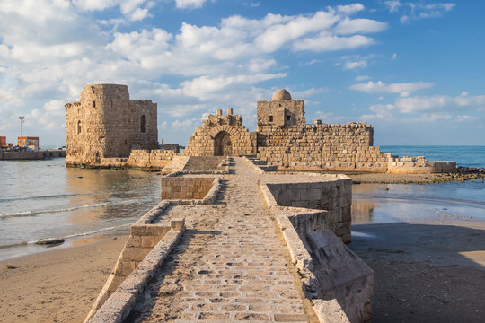 Lebanon - Sidon (Sayda) - The towers, walls stone bridge of impressive crusaders' sea castle on tiny islet