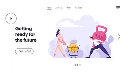 Happy Woman Push Shopping Cart with Big Gold Dollar Coin, Man Carry Huge Heavy Weight on Back. Tax and Loan, Business Taxation, Website Landing Page, Web Page. Cartoon Flat Vector Illustration, Banner