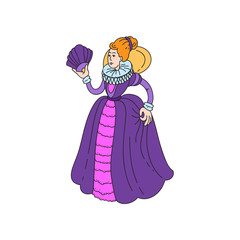 Cute red hair medieval queen in long round dress