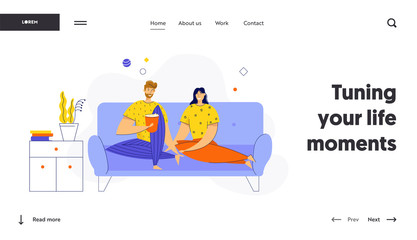 Loving Couple Watching TV with Popcorn at Home. Young Characters Sitting on Couch in Weekend. Love, Leisure, Sparetime, Day Off Website Landing Page, Web Page. Cartoon Flat Vector Illustration, Banner