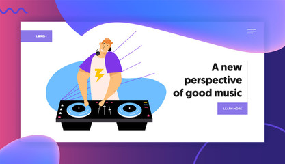 Happy Dj Man in Headphones Put Hands on Equipment Deck and Mixer with Vinyl Record, Night Club Party, Disco Music Entertainment Website Landing Page, Web Page. Cartoon Flat Vector Illustration, Banner