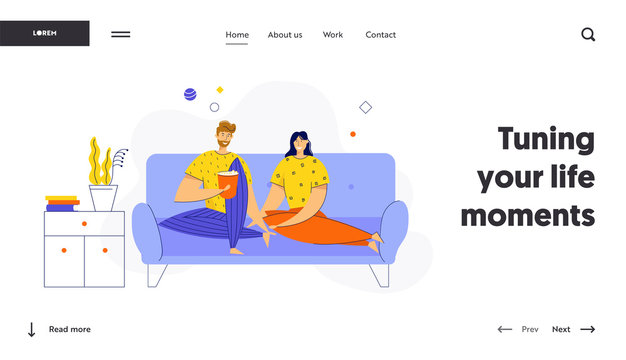 Loving Couple Watching TV with Popcorn at Home. Young Characters Sitting on Couch in Weekend. Love, Leisure, Sparetime, Day Off Website Landing Page, Web Page. Cartoon Flat Vector Illustration, Banner