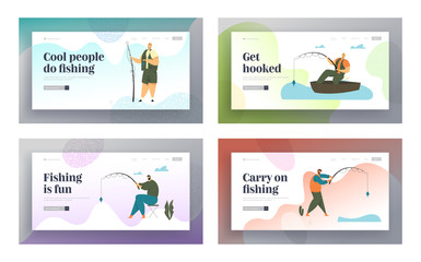Fishermen with Rod Having Good Catch Website Landing Page Set. Relaxing Summertime Hobby, Sport Activity, Vacation Spending Time, Leisure, Relax, Web Page. Cartoon Flat Vector Illustration, Banner