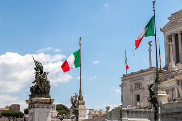 Italian flags on the Altar of the Fatherland in Rome, Italy