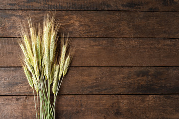 Ears of barley on wooden table with copyspace