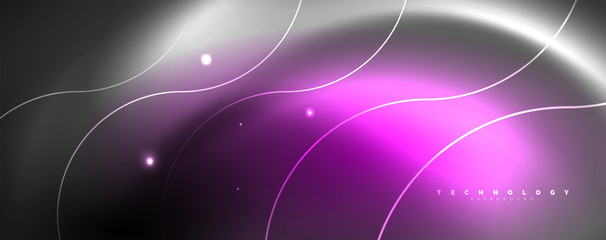 Shiny neon lights, dark abstract background with blurred magic neon light curved lines