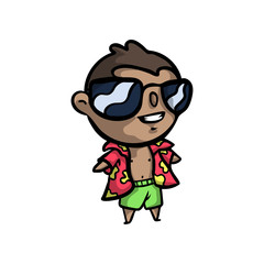 Cute hawaii young boy in green shorts and black sunglasses