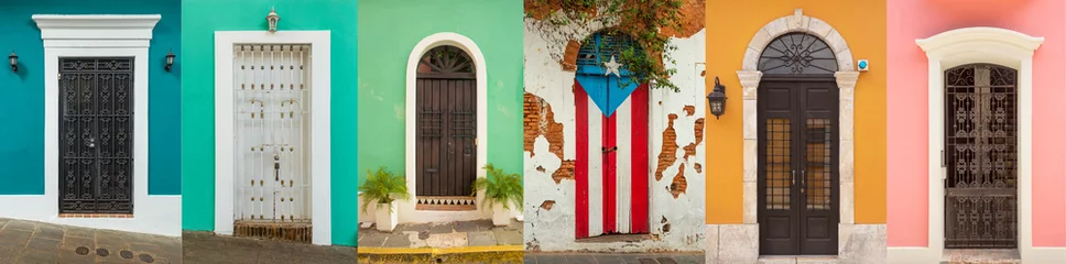 Stickers pour porte Vielles portes Collage de porte colorée dans le vieux San Juan, Puerto Rico