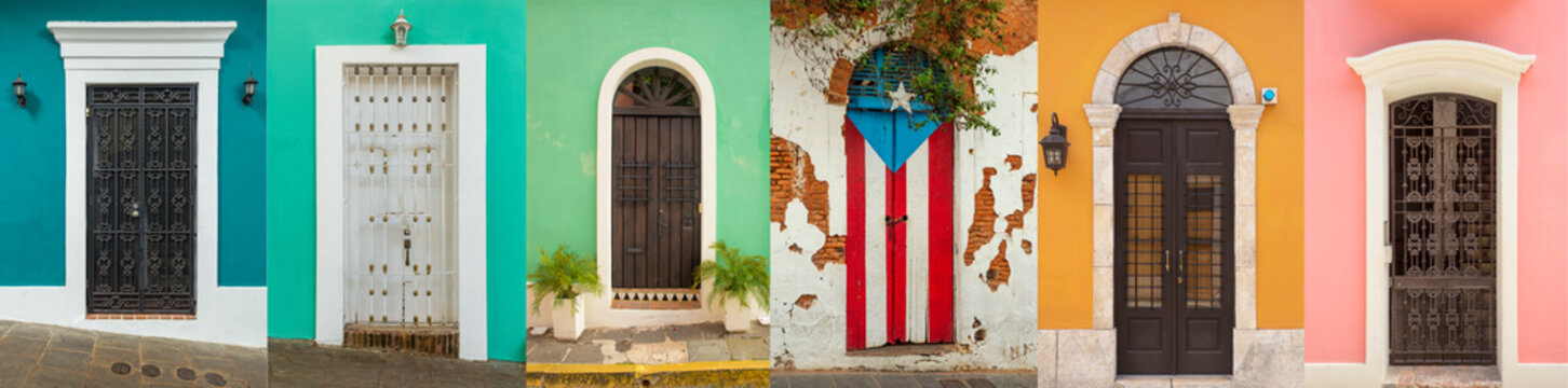 Collage of colorful door in old San Juan, Puerto Rico