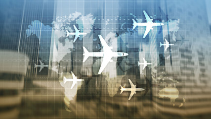 Air travel concept. Airplane on world map Blured Business background.