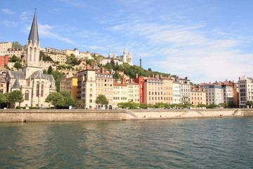 Fototapeta na wymiar The old city of Lyon, the Saone river and the basilica of Notre Dame de Fourviere, France