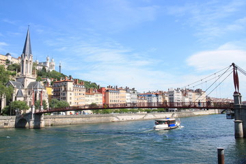 Obraz premium The old city of Lyon, the Saone river and the basilica of Notre Dame de Fourviere, France