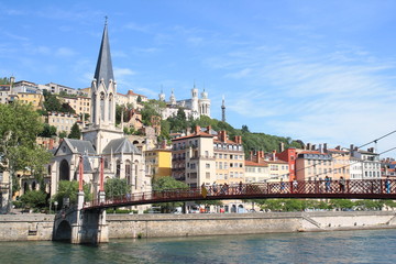 The old city of Lyon, the Saone river and the basilica of Notre Dame de Fourviere, France