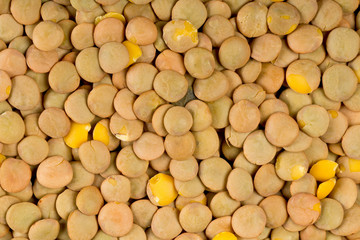 Raw, dry, uncooked brown lentil legumes frame filling texture background flat lay top view from above