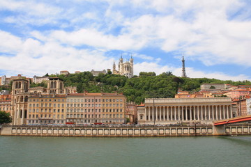 Fototapeta na wymiar The old city of Lyon, the Saone river and the basilica of Notre Dame de Fourviere, France